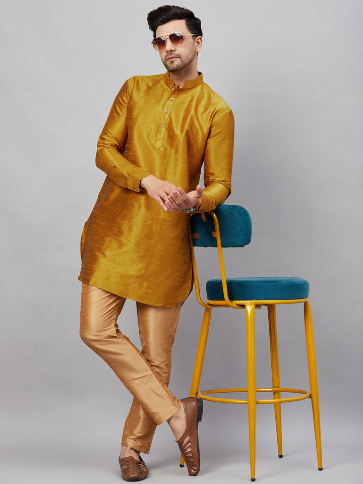 Sarvati Men's Mustard Silk Blend Curved Kurta Pant Set