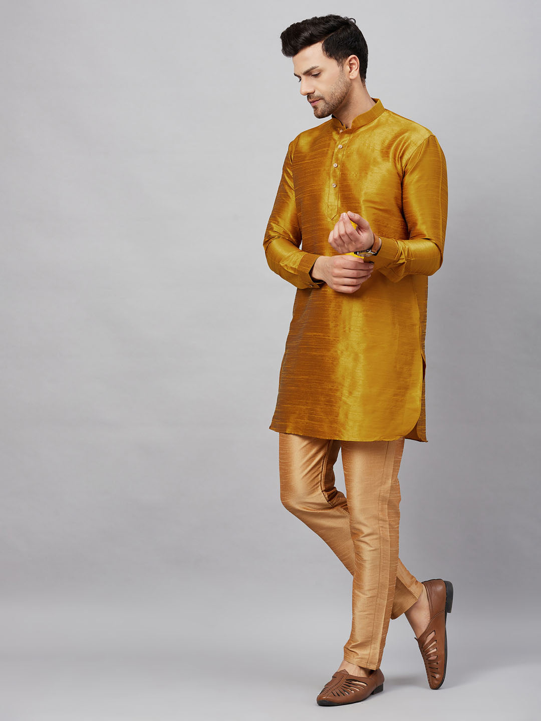 Sarvati Men's Mustard Silk Blend Curved Kurta Pant Set