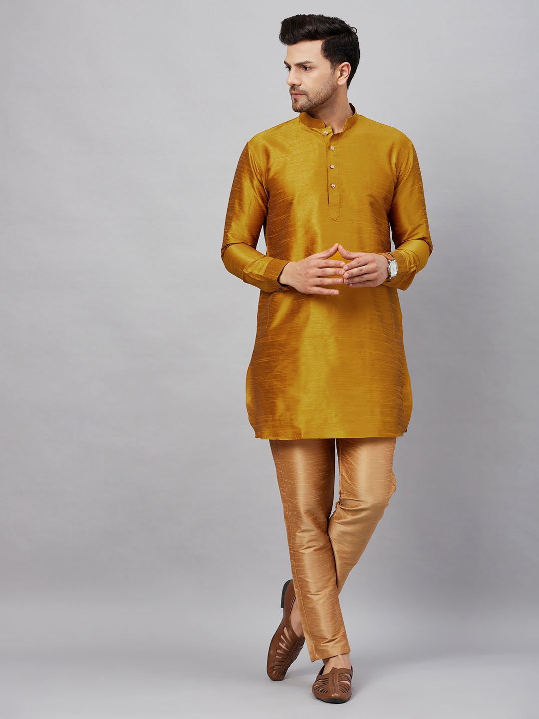 Sarvati Men's Mustard Silk Blend Curved Kurta Pant Set