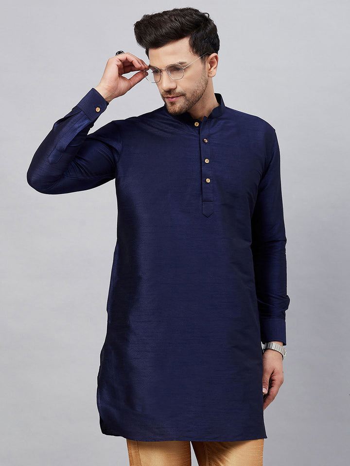 Men's Navy Blue Silk Blend Curved Kurta