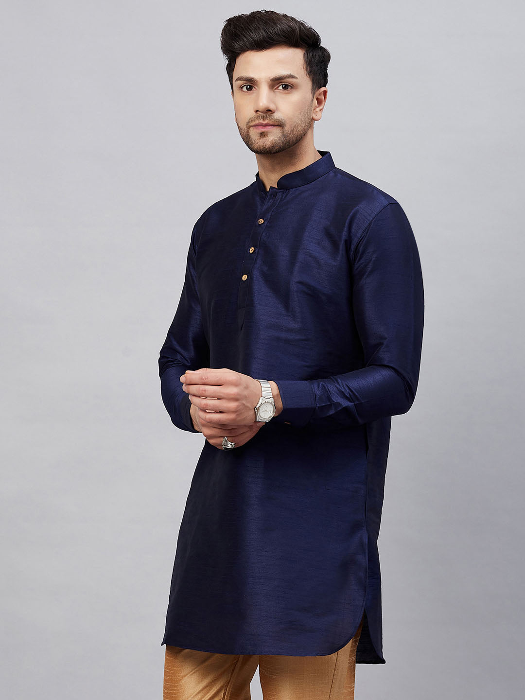 Men's Navy Blue Silk Blend Curved Kurta