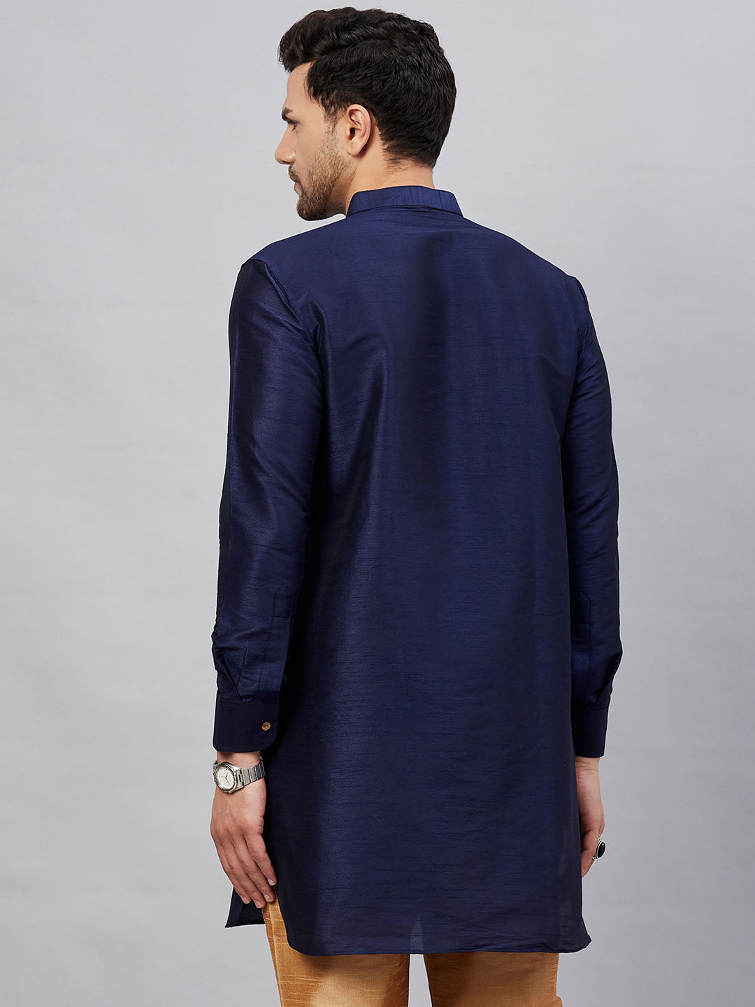 Men's Navy Blue Silk Blend Curved Kurta