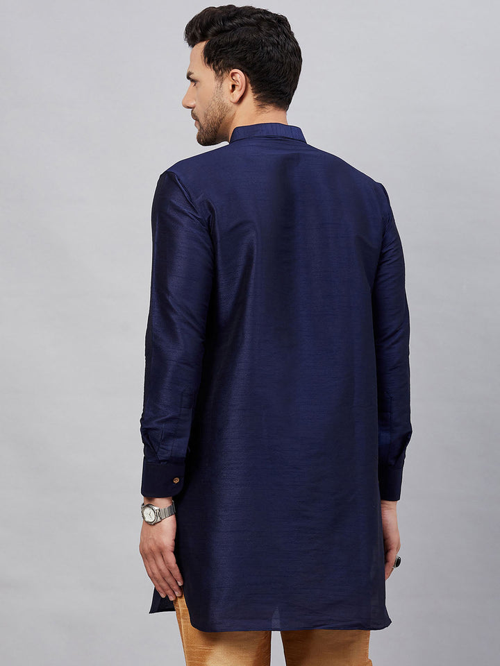 Men's Navy Blue Silk Blend Curved Kurta