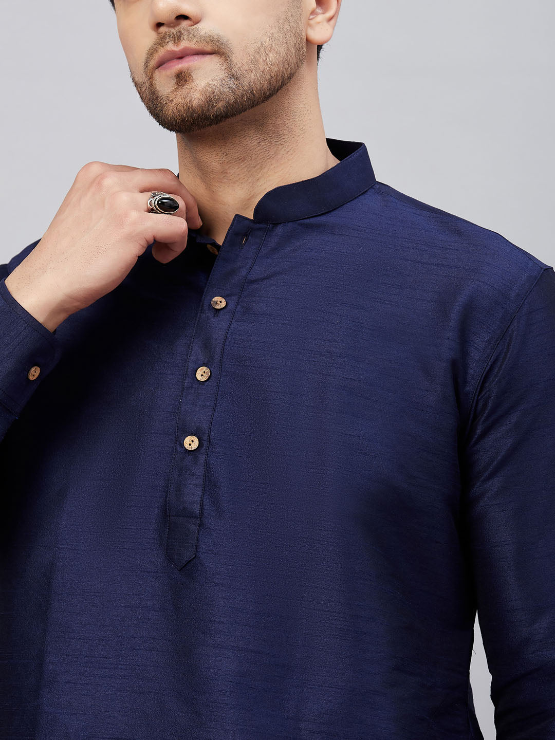 Men's Navy Blue Silk Blend Curved Kurta