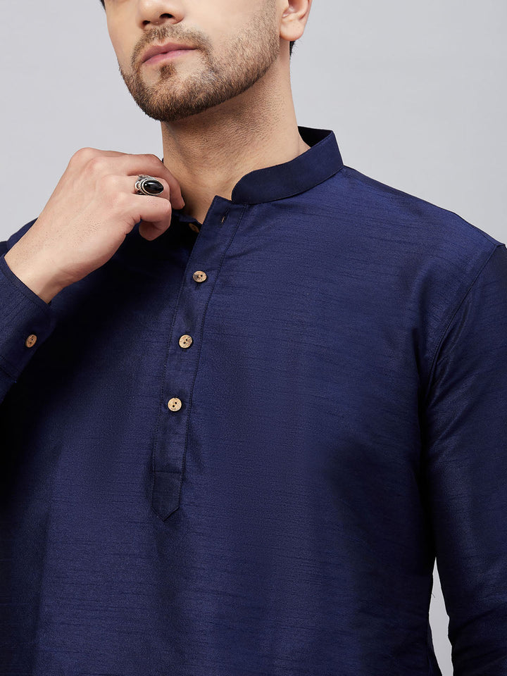 Men's Navy Blue Silk Blend Curved Kurta