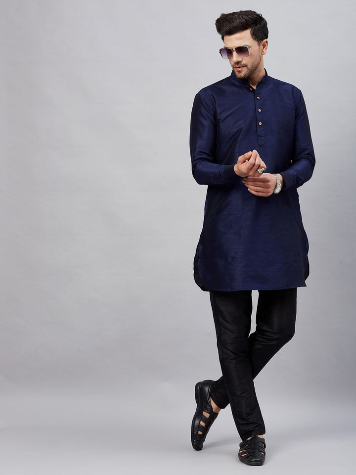 Sarvati Men's Navy Blue Silk Blend Curved Kurta Pant Set