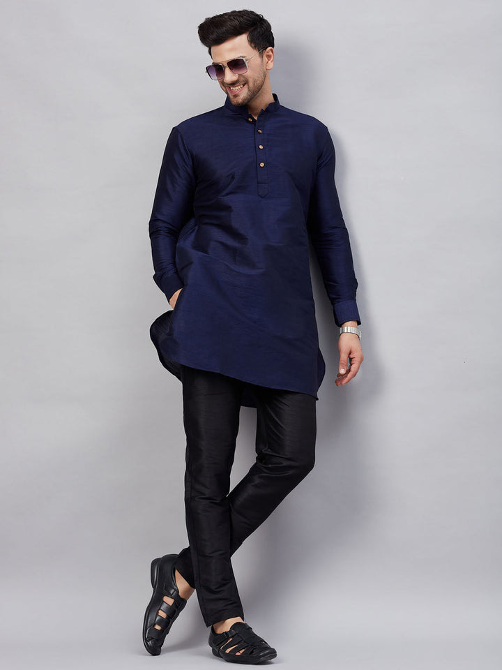 Sarvati Men's Navy Blue Silk Blend Curved Kurta Pant Set