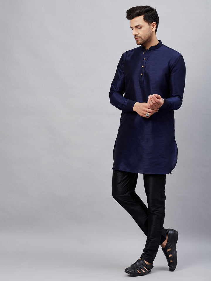 Sarvati Men's Navy Blue Silk Blend Curved Kurta Pant Set