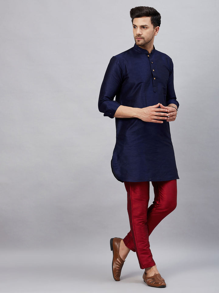 Sarvati Men's Navy Blue Silk Blend Curved Kurta Pant Set