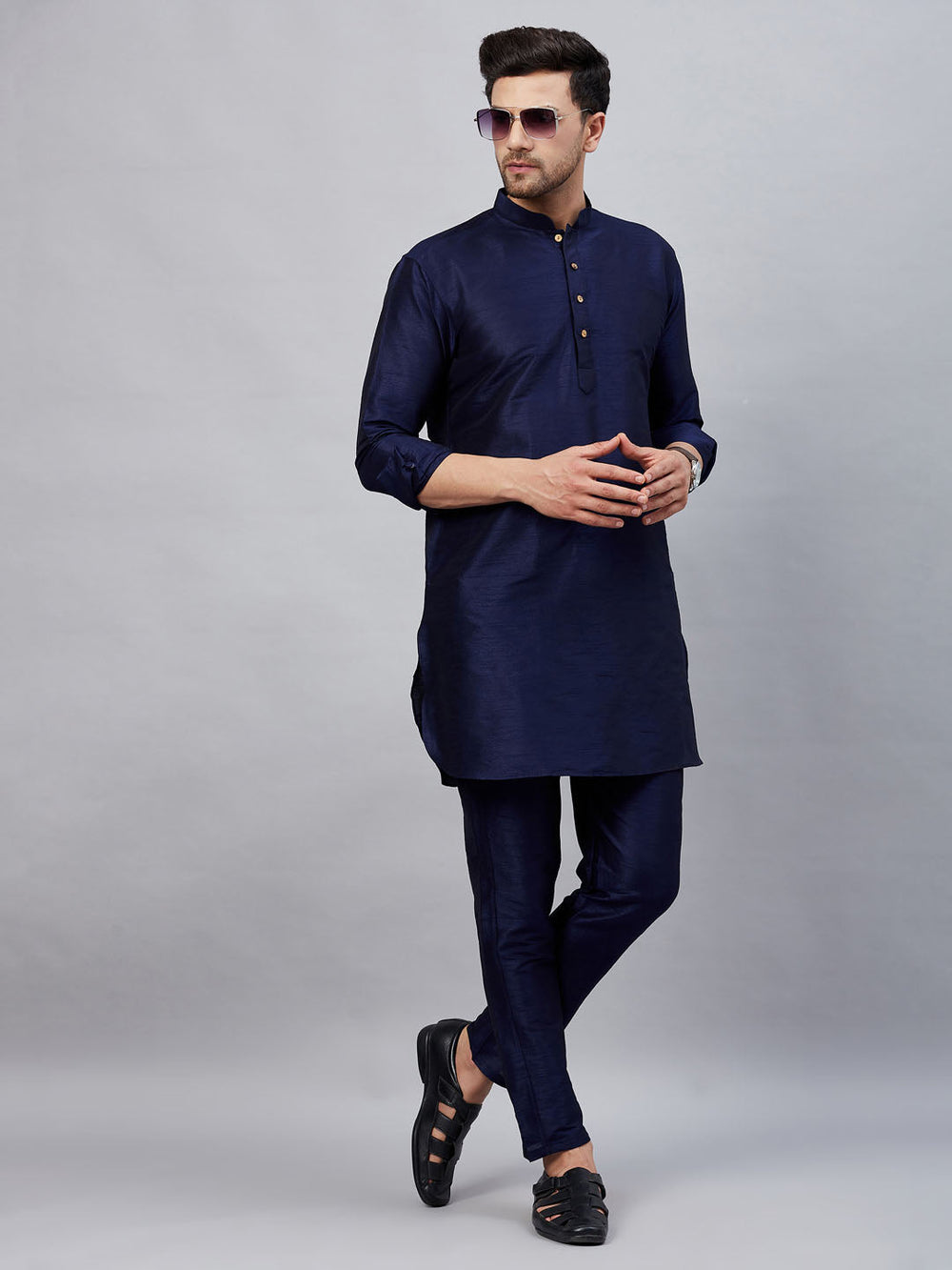 Sarvati Men's Navy Blue Silk Blend Curved Kurta Pant Set