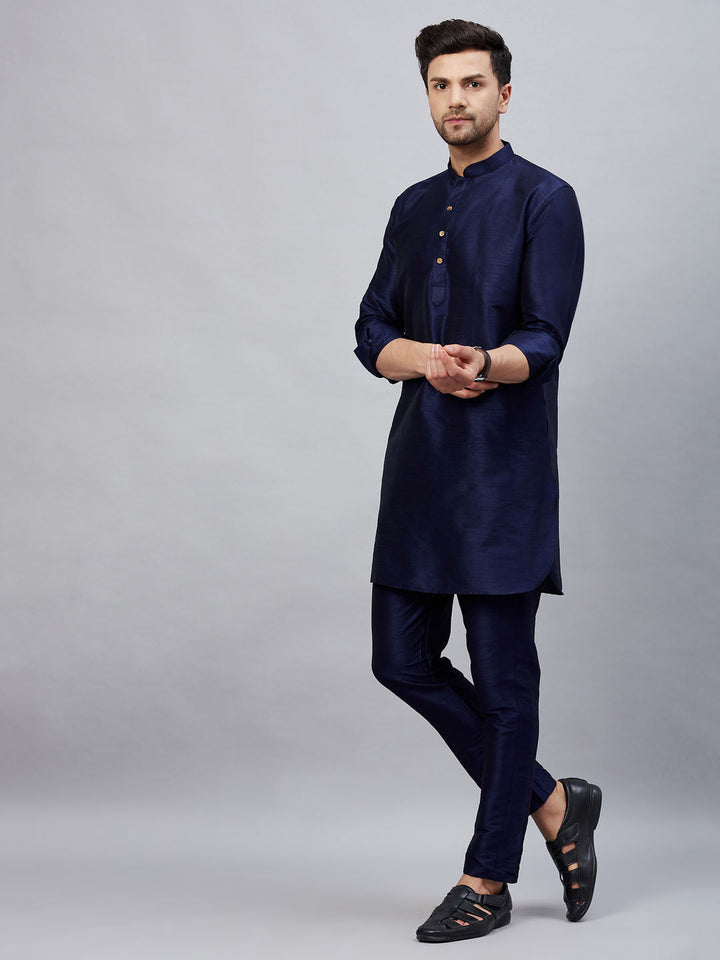 Sarvati Men's Navy Blue Silk Blend Curved Kurta Pant Set