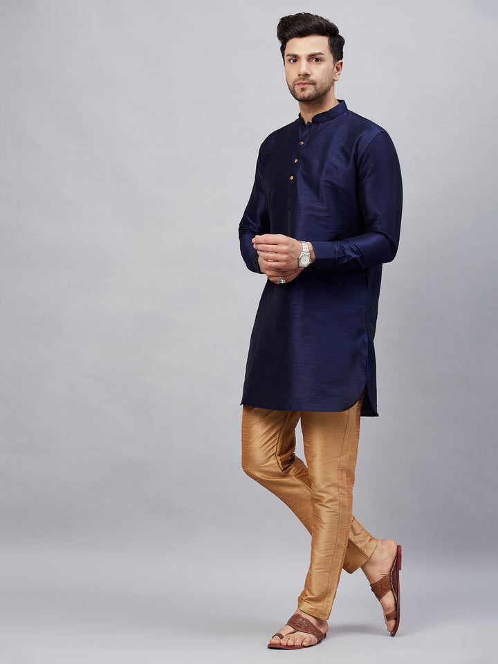 Sarvati Men's Navy Blue Silk Blend Curved Kurta Pant Set