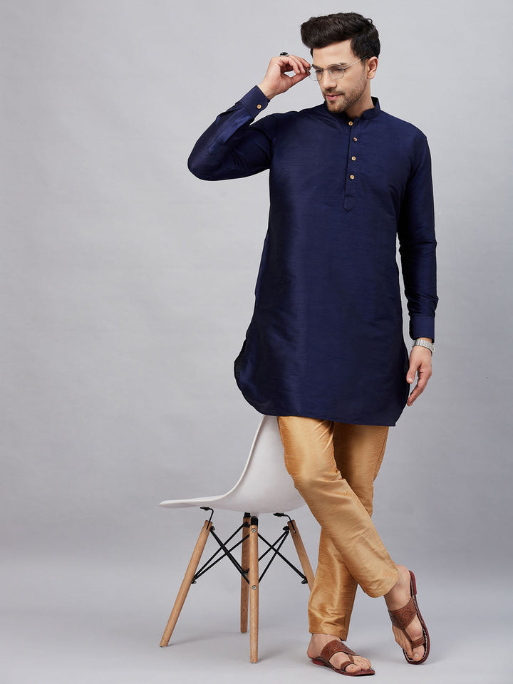 Sarvati Men's Navy Blue Silk Blend Curved Kurta Pant Set