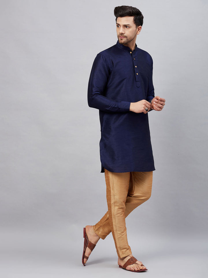 Sarvati Men's Navy Blue Silk Blend Curved Kurta Pant Set