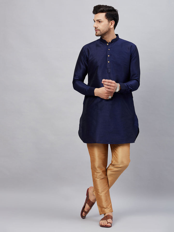 Sarvati Men's Navy Blue Silk Blend Curved Kurta Pant Set