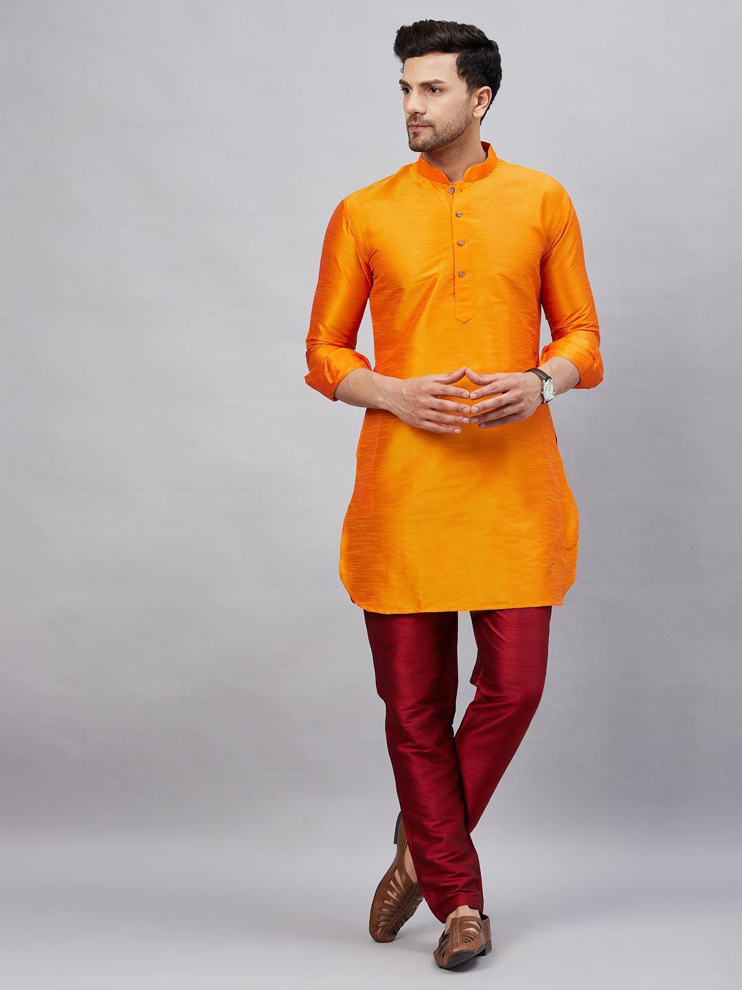 Sarvati Men's Orange Silk Blend Curved Kurta Pant Set