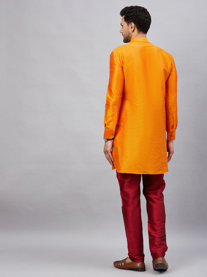 Sarvati Men's Orange Silk Blend Curved Kurta Pant Set