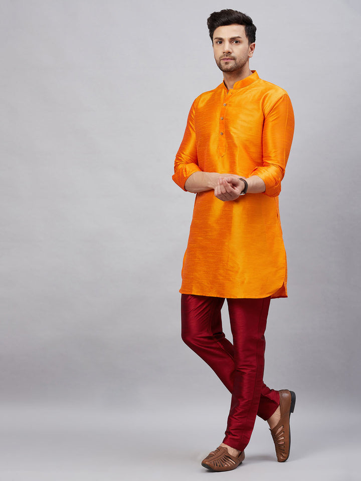 Sarvati Men's Orange Silk Blend Curved Kurta Pant Set