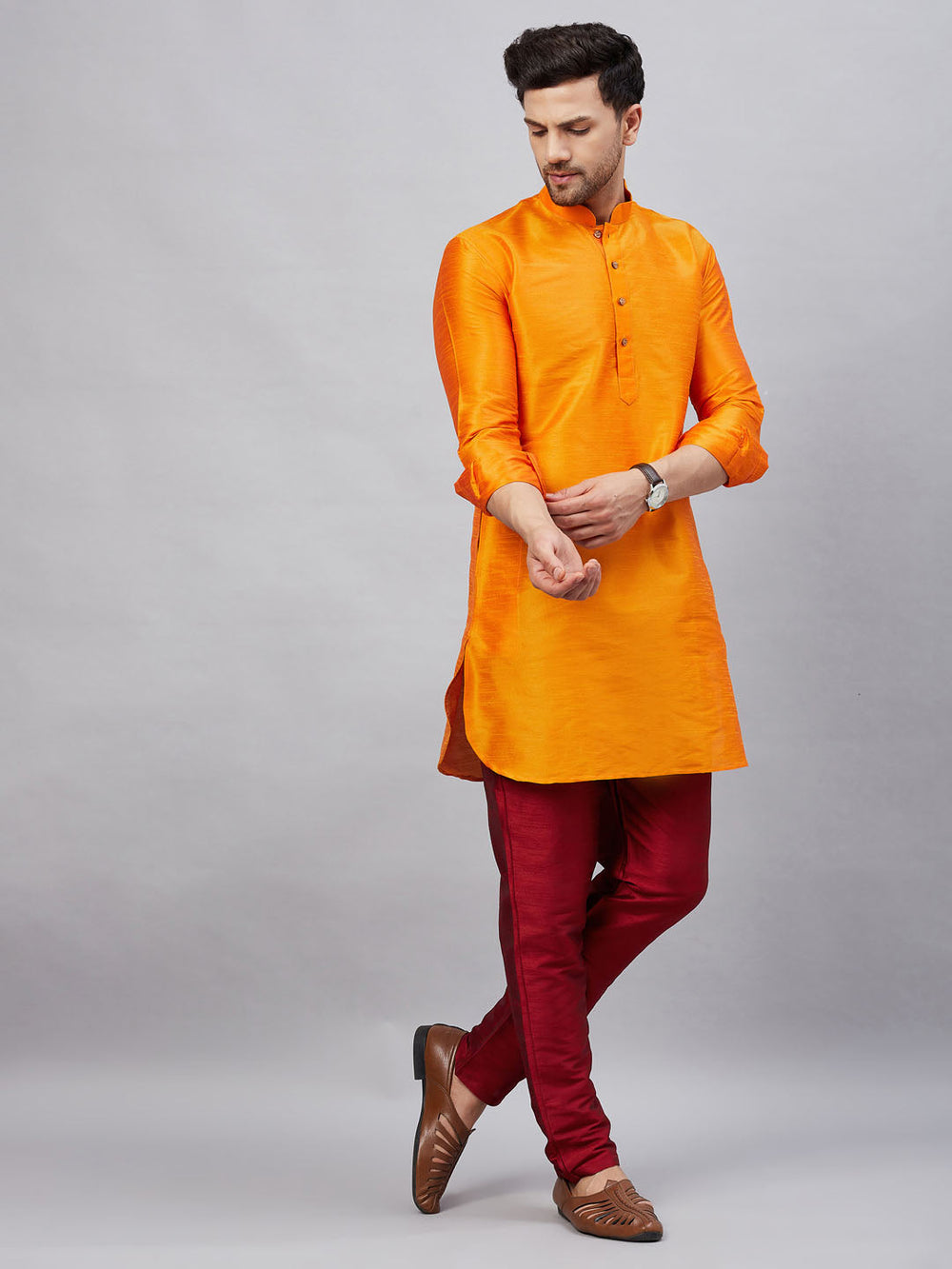 Sarvati Men's Orange Silk Blend Curved Kurta Pant Set