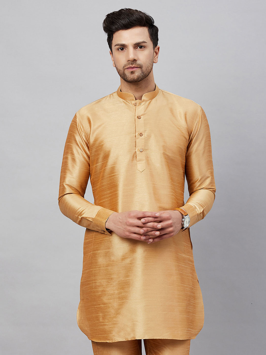 Men's Rose Gold Silk Blend Curved Kurta