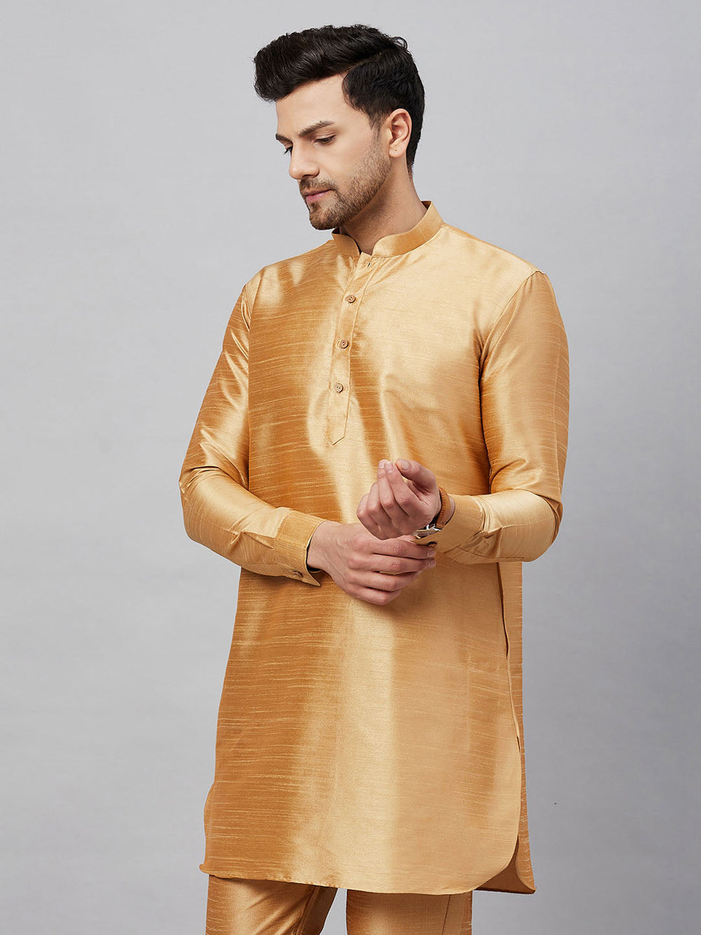 Men's Rose Gold Silk Blend Curved Kurta