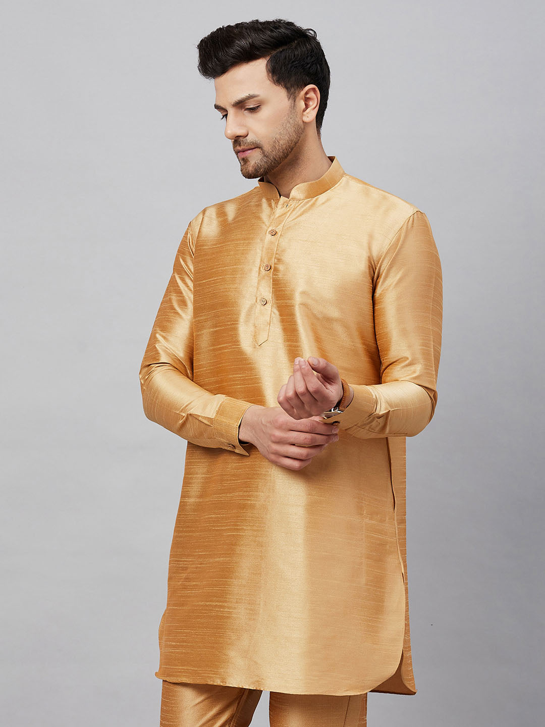 Men's Rose Gold Silk Blend Curved Kurta