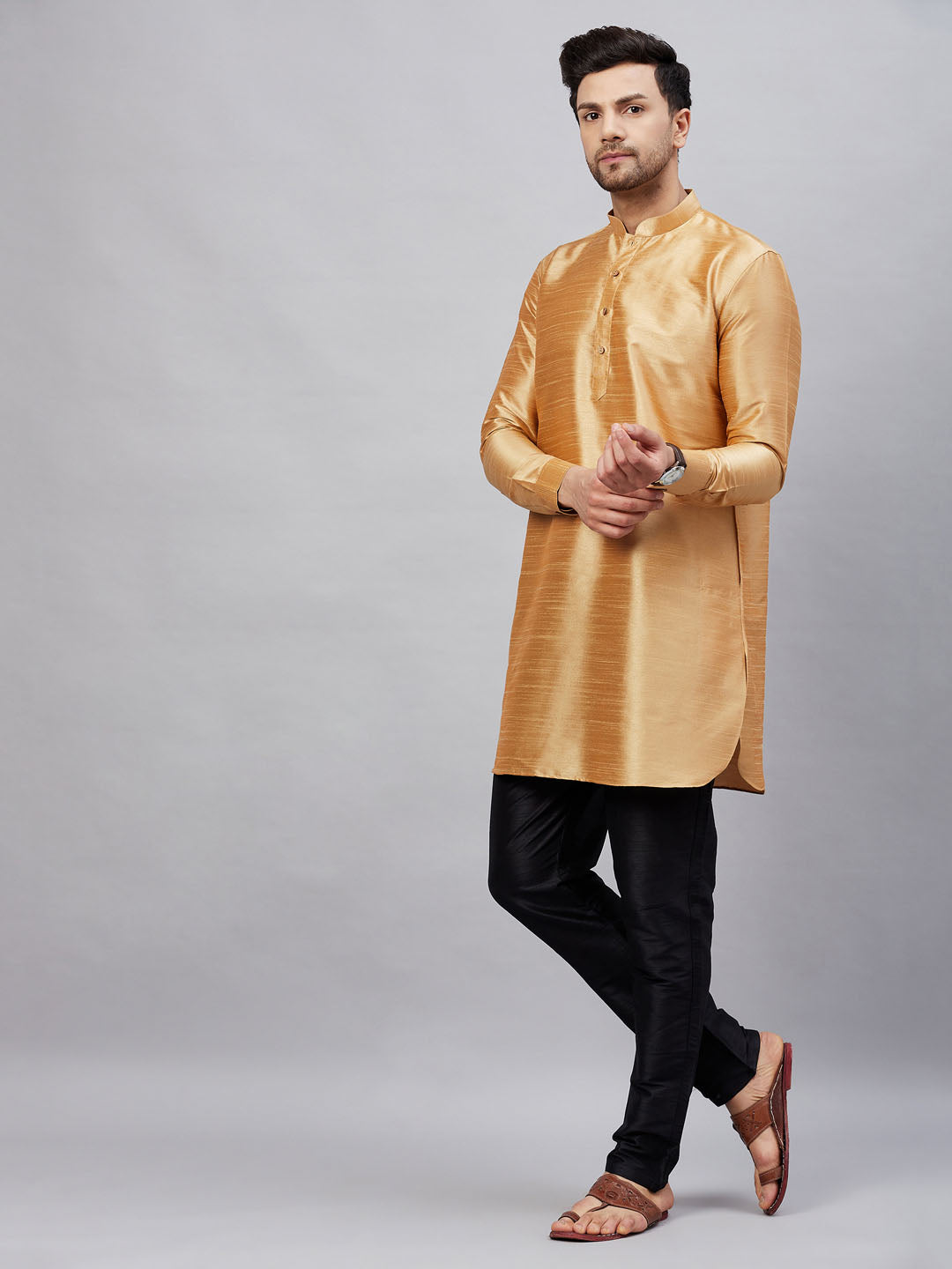 Sarvati Men's Rose Gold Silk Blend Curved Kurta Pant Set