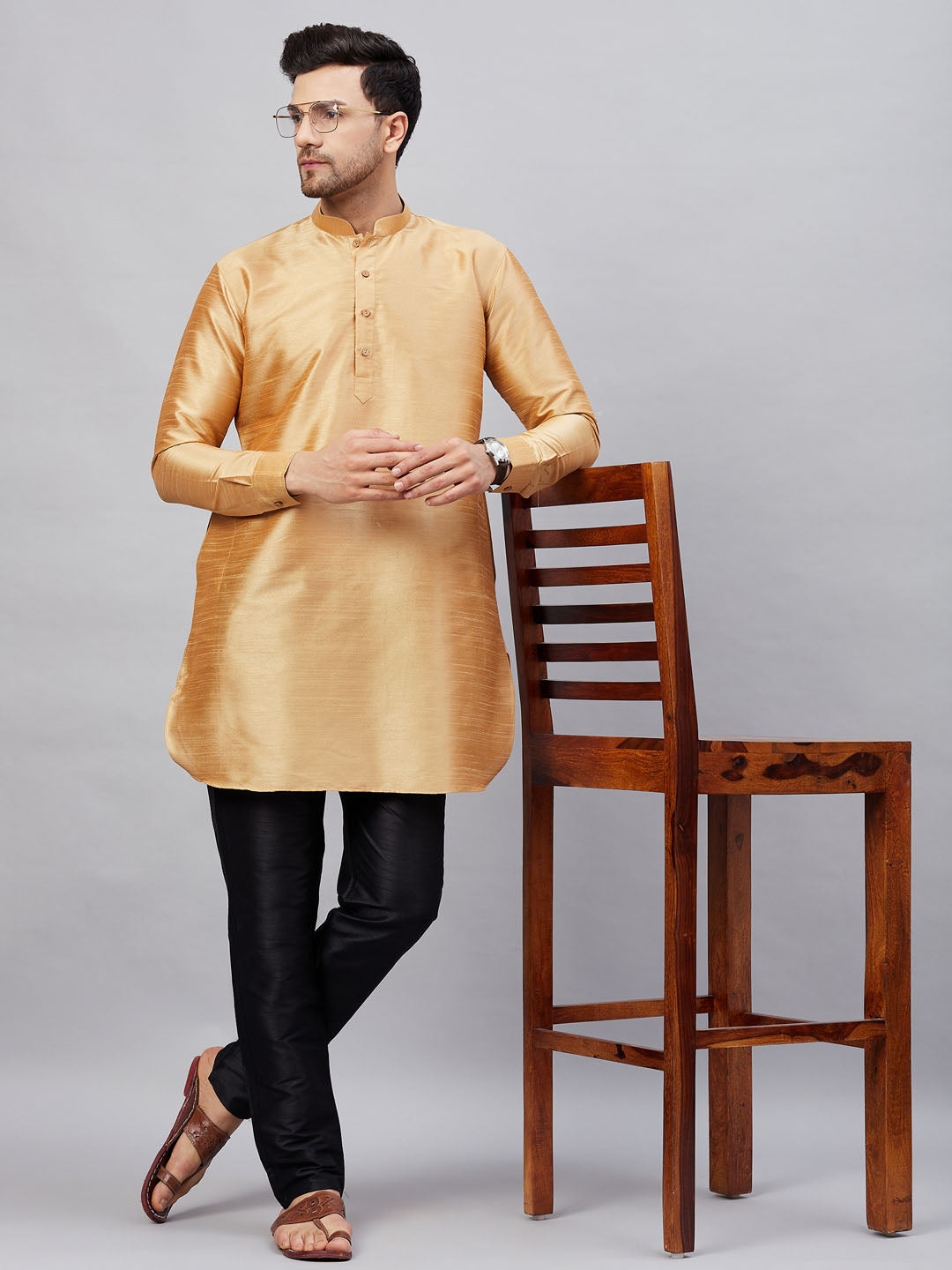 Sarvati Men's Rose Gold Silk Blend Curved Kurta Pant Set