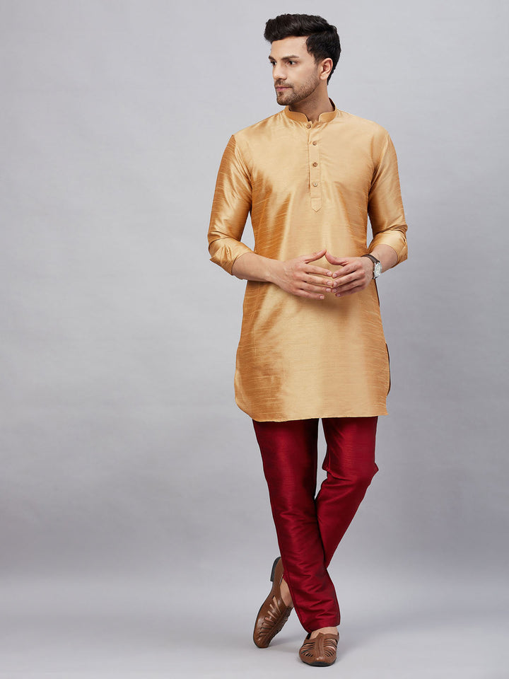 Sarvati Men's Rose Gold Silk Blend Curved Kurta Pant Set