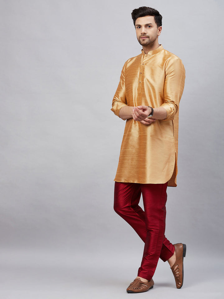 Sarvati Men's Rose Gold Silk Blend Curved Kurta Pant Set