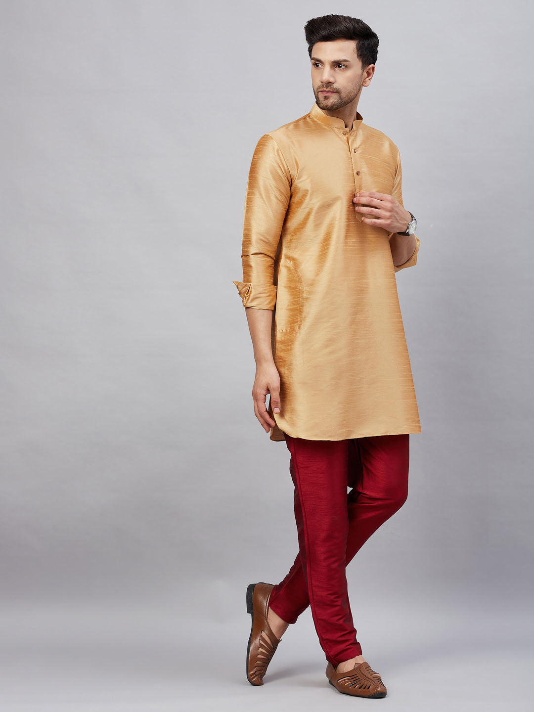 Sarvati Men's Rose Gold Silk Blend Curved Kurta Pant Set