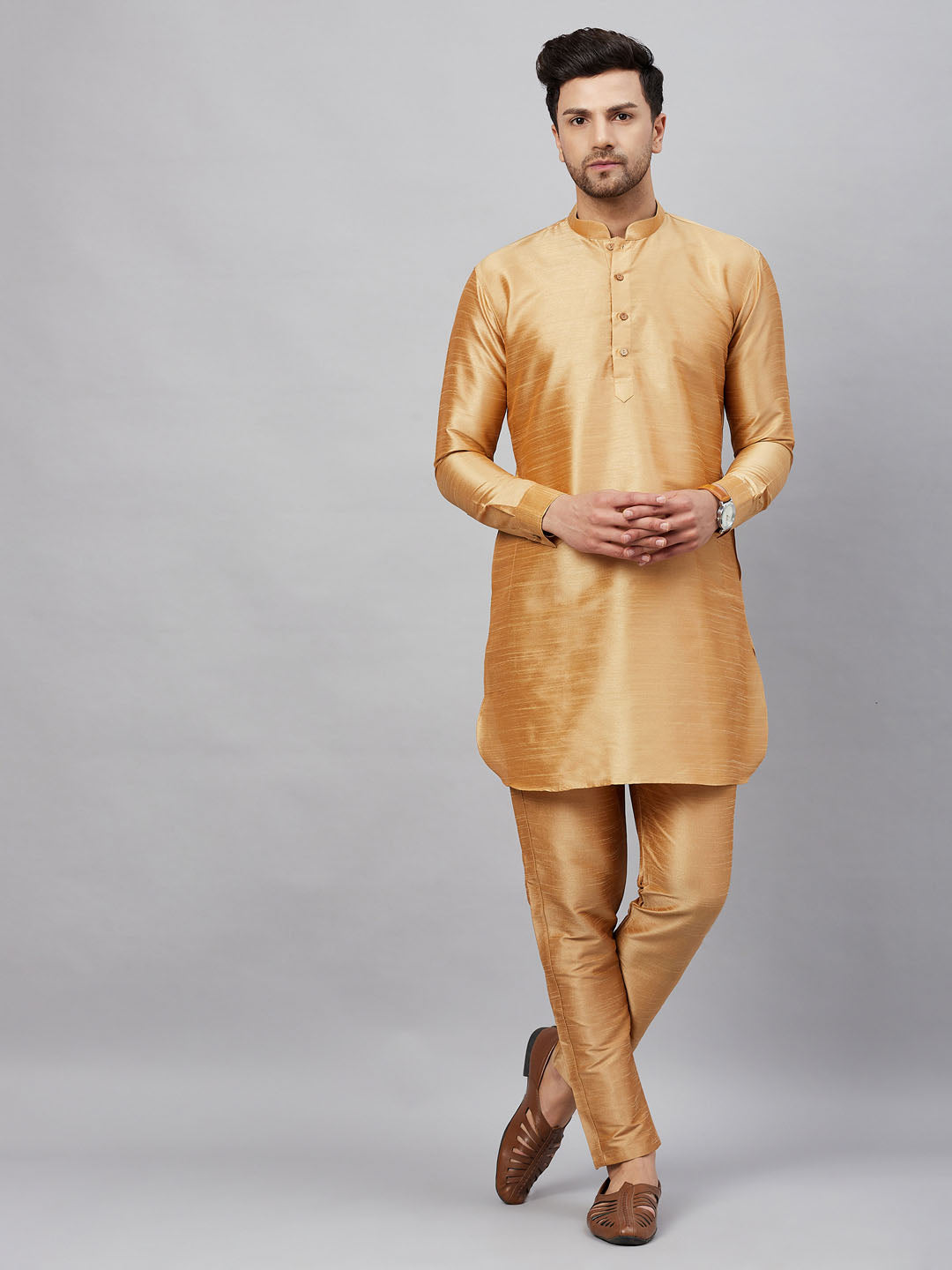 Sarvati Men's Rose Gold Silk Blend Curved Kurta Pant Set