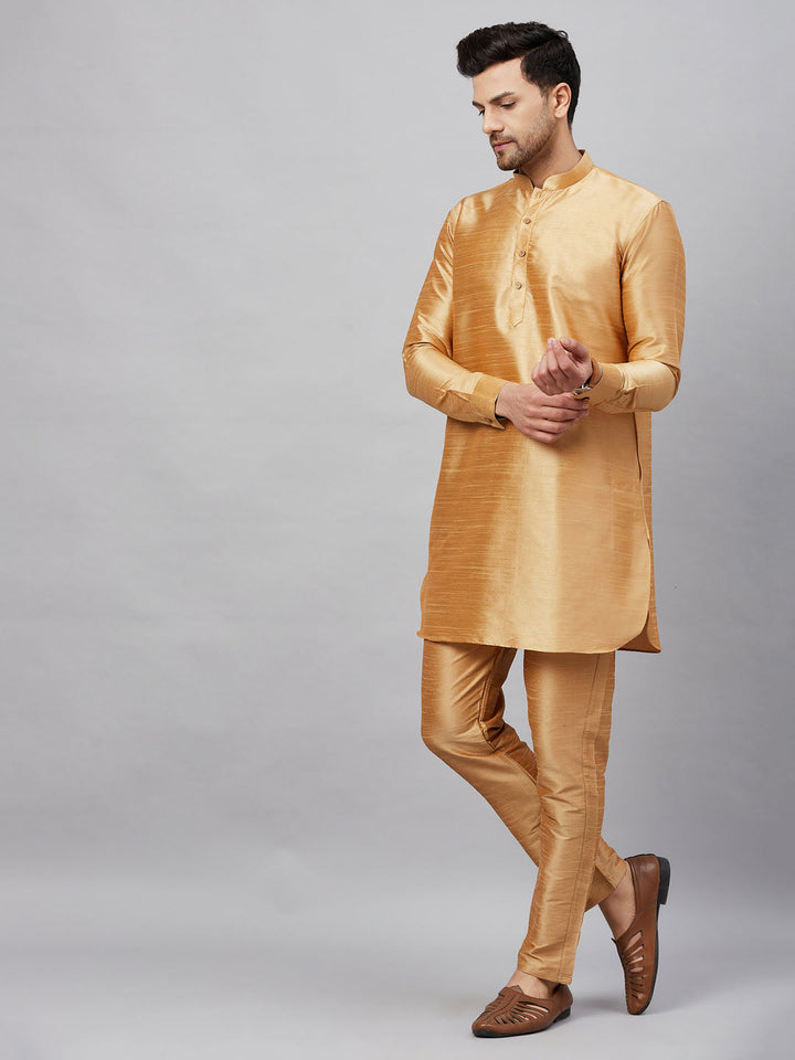 Sarvati Men's Rose Gold Silk Blend Curved Kurta Pant Set