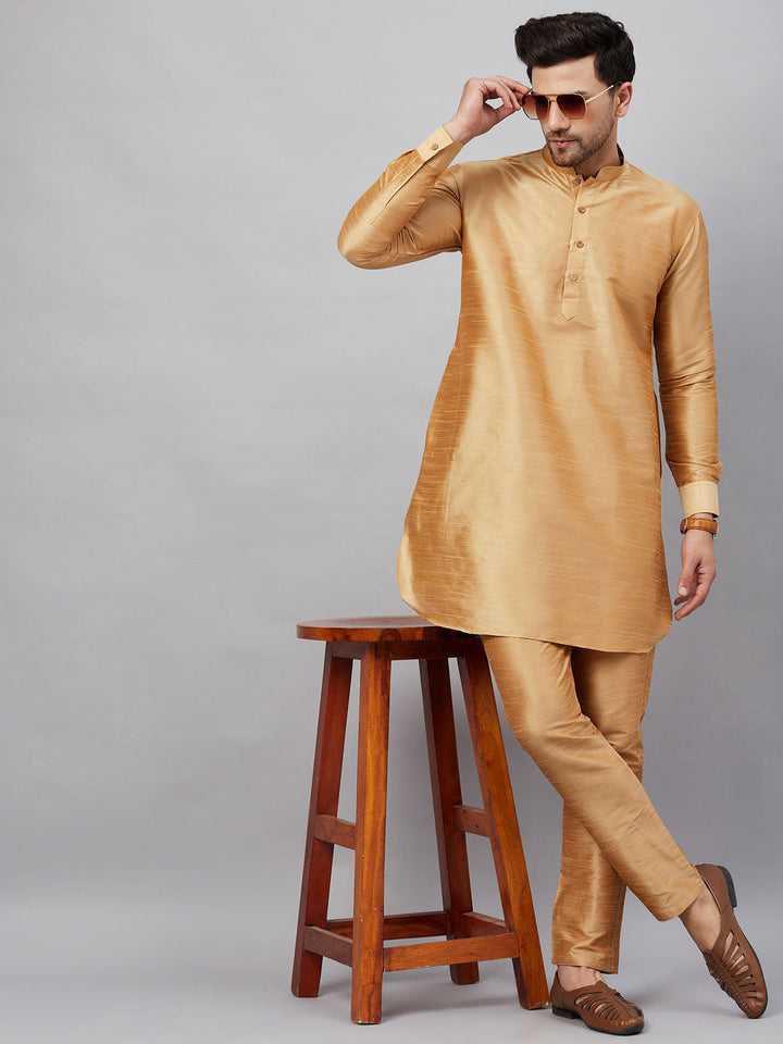 Sarvati Men's Rose Gold Silk Blend Curved Kurta Pant Set