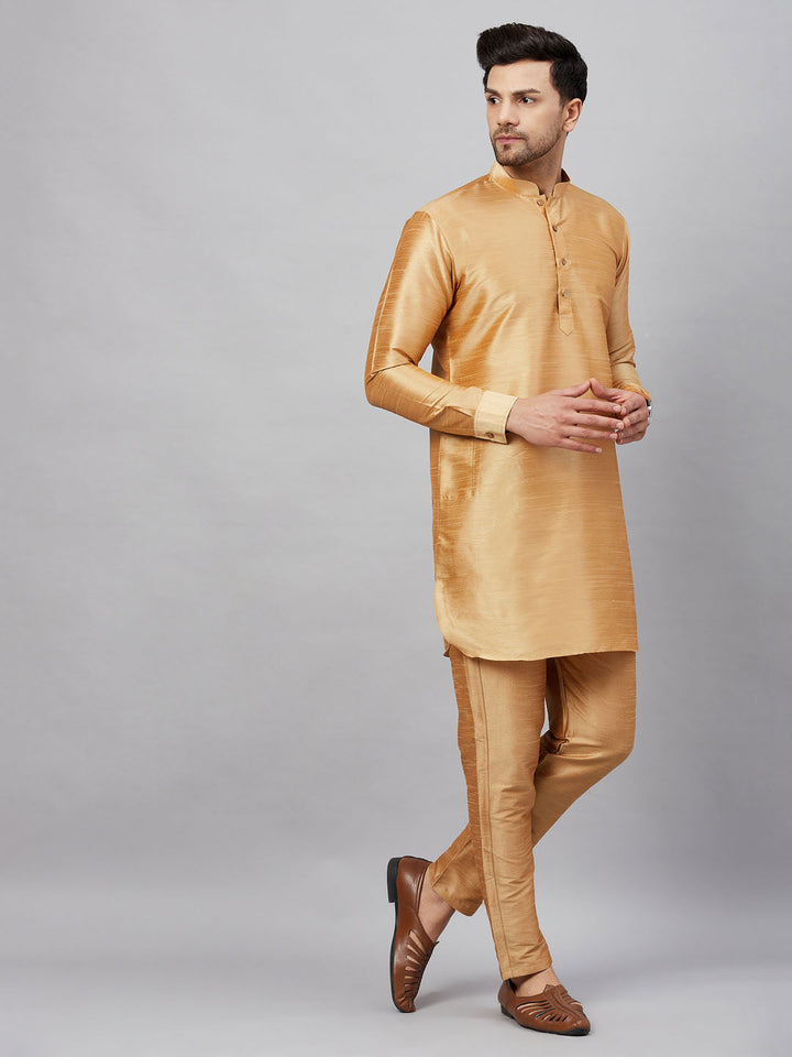 Sarvati Men's Rose Gold Silk Blend Curved Kurta Pant Set