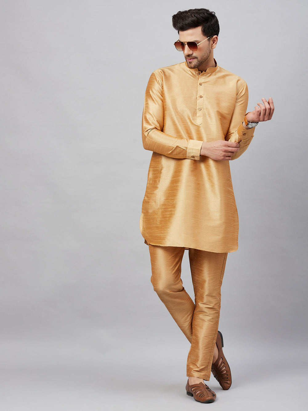 Sarvati Men's Rose Gold Silk Blend Curved Kurta Pant Set