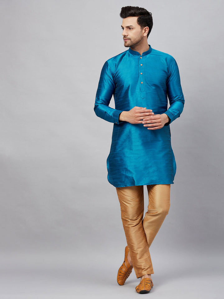 Sarvati Men's Turquoise Blue Silk Blend Curved Kurta Pant Set