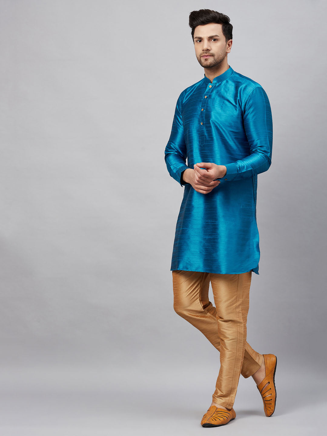 Sarvati Men's Turquoise Blue Silk Blend Curved Kurta Pant Set