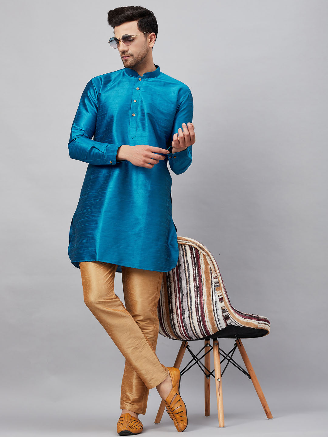 Sarvati Men's Turquoise Blue Silk Blend Curved Kurta Pant Set