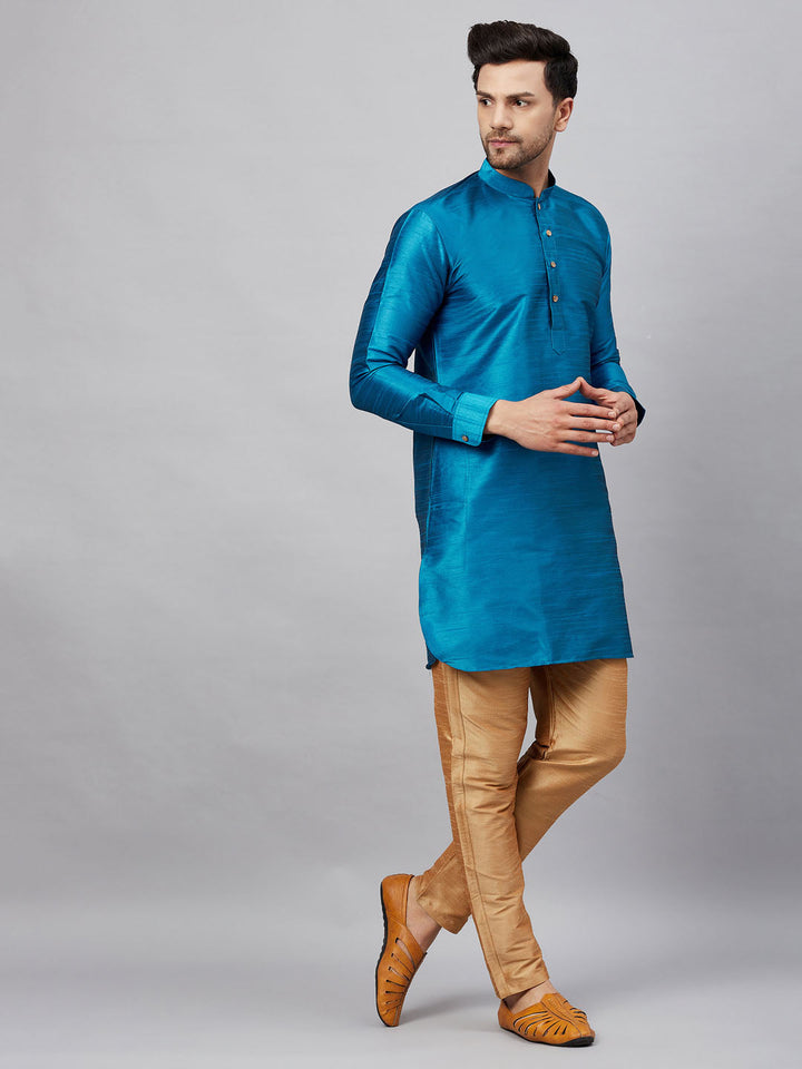 Sarvati Men's Turquoise Blue Silk Blend Curved Kurta Pant Set