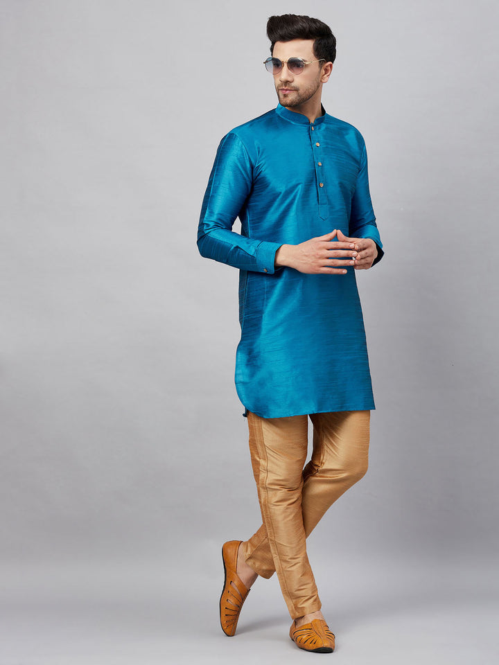 Sarvati Men's Turquoise Blue Silk Blend Curved Kurta Pant Set