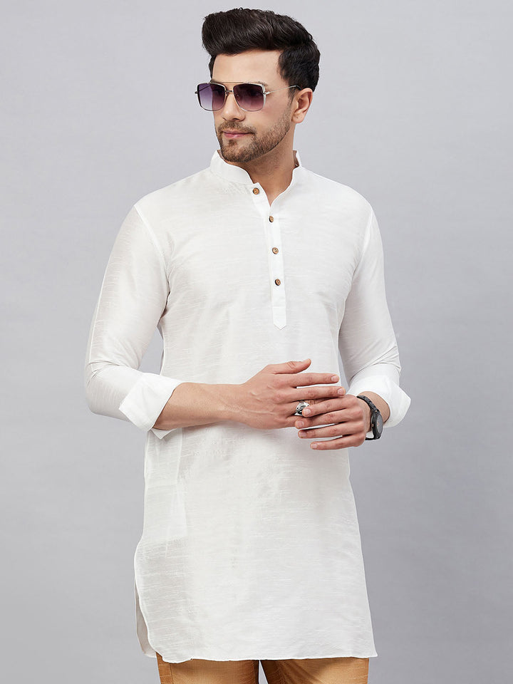 Men's White Silk Blend Curved Kurta