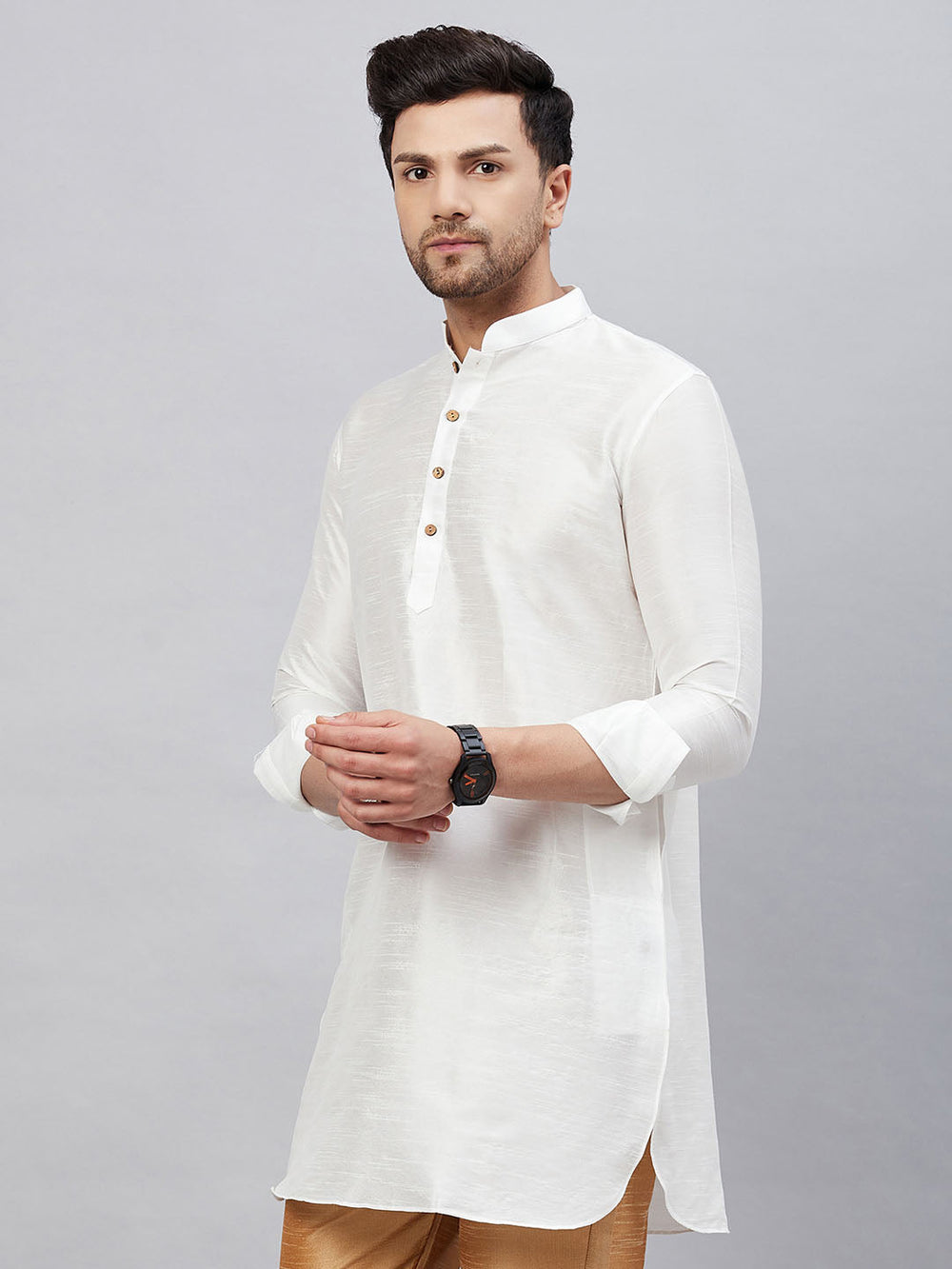 Men's White Silk Blend Curved Kurta