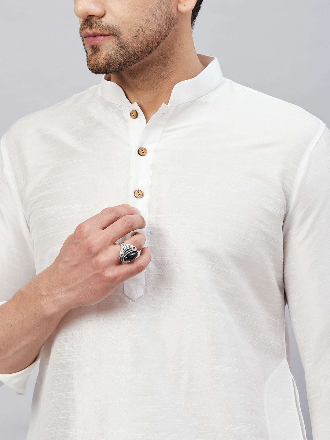 Men's White Silk Blend Curved Kurta