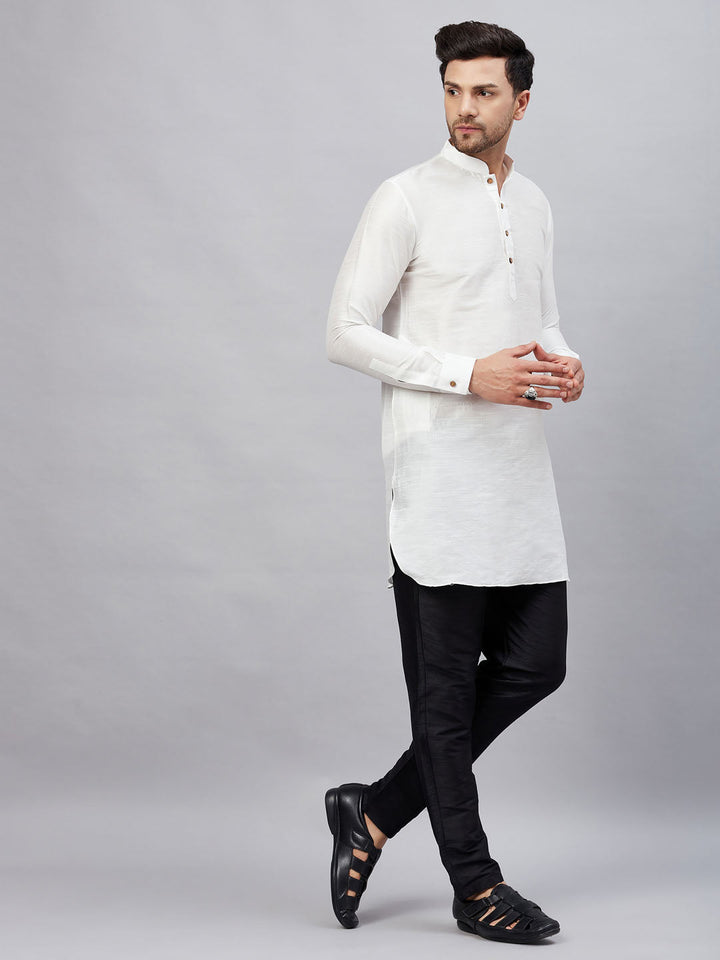 Sarvati Men's White Silk Blend Curved Kurta Pant Set