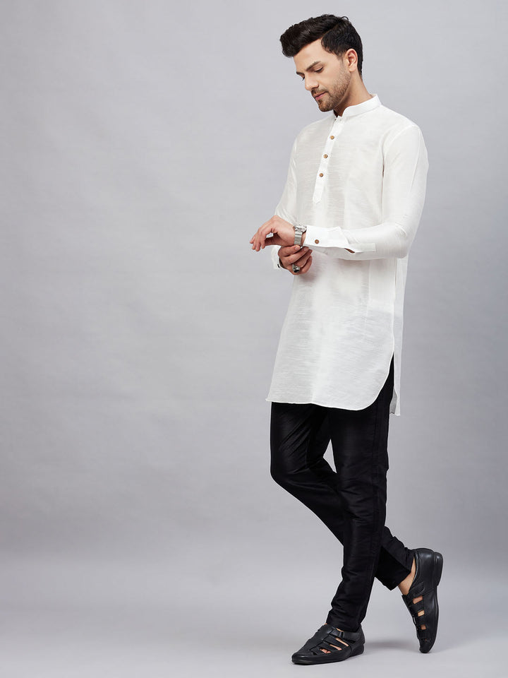 Sarvati Men's White Silk Blend Curved Kurta Pant Set