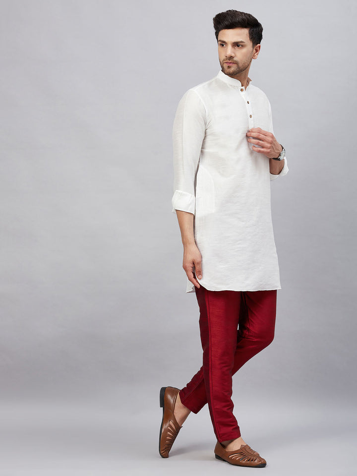 Sarvati Men's White Silk Blend Curved Kurta Pant Set