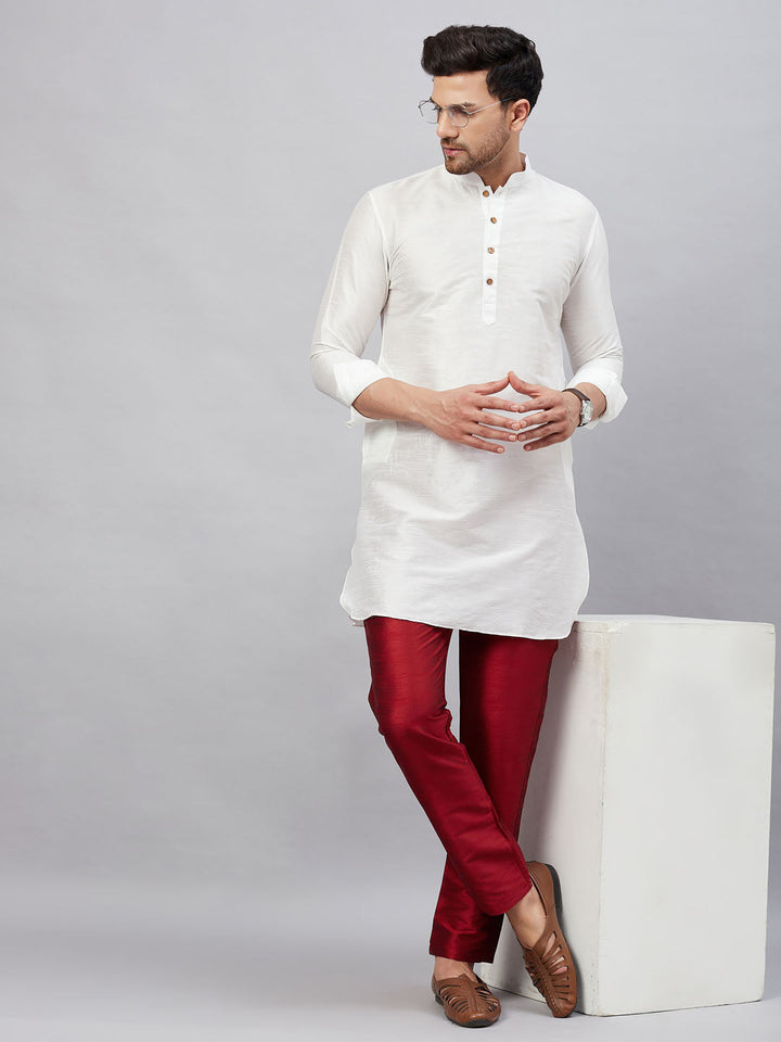 Sarvati Men's White Silk Blend Curved Kurta Pant Set