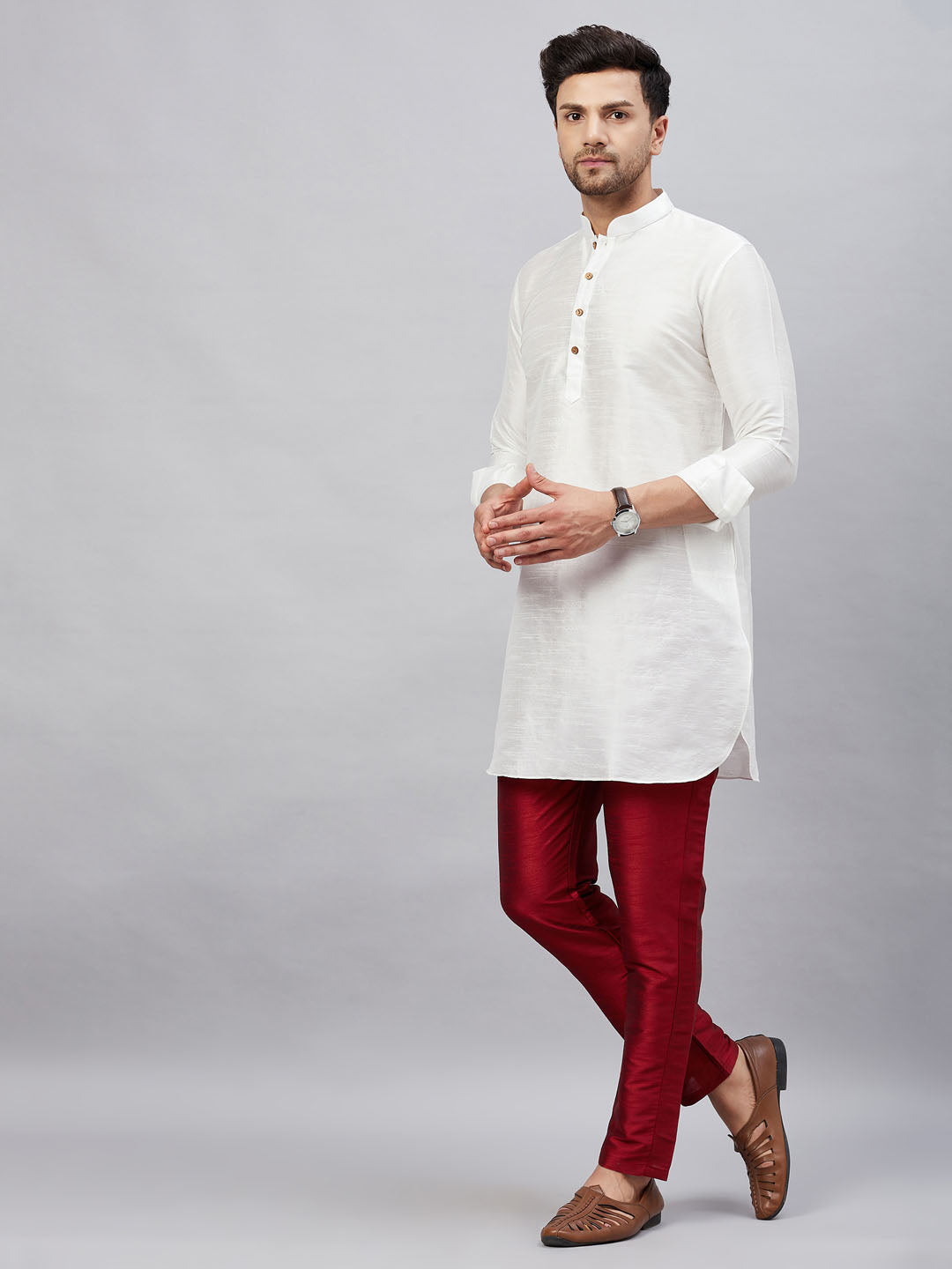 Sarvati Men's White Silk Blend Curved Kurta Pant Set