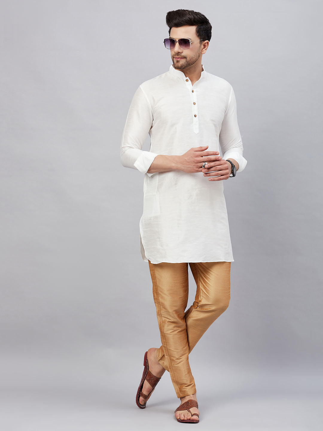 Sarvati Men's White Silk Blend Curved Kurta Pant Set